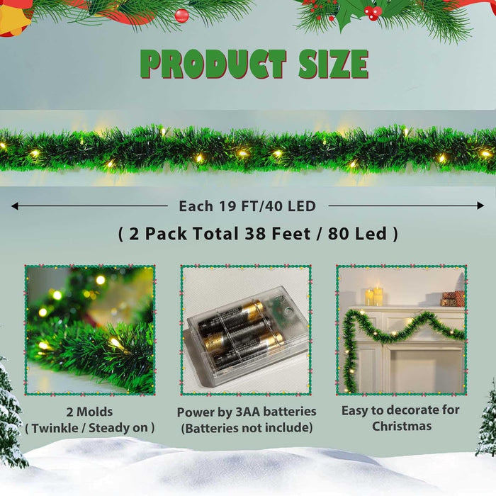 2 Pack Christmas Garland with Lights, Total 38 Feet 80 Led Battery Operated Pre-Lit Long Garland for Stairs Railing Fireplace Mantle Office Door Frame Decor Green Greenery Indoor Outdoor Decorations