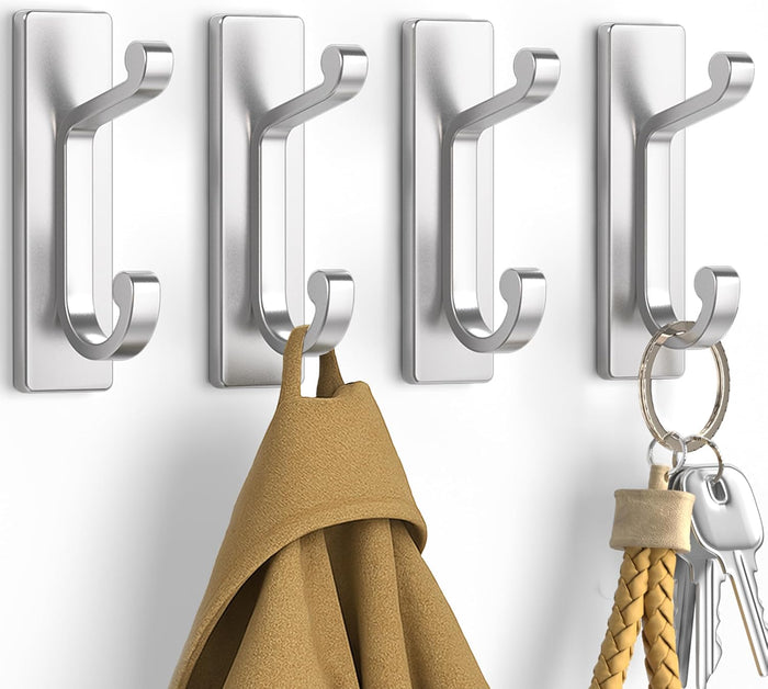 Silver Self Adhesive Hooks - 6 Pack Stick on Hanger for Coats, Towels and Robes, Double Hooks for Door, Kitchen, Bathroom, Shower, Rental Houses, Hold 13lbs.