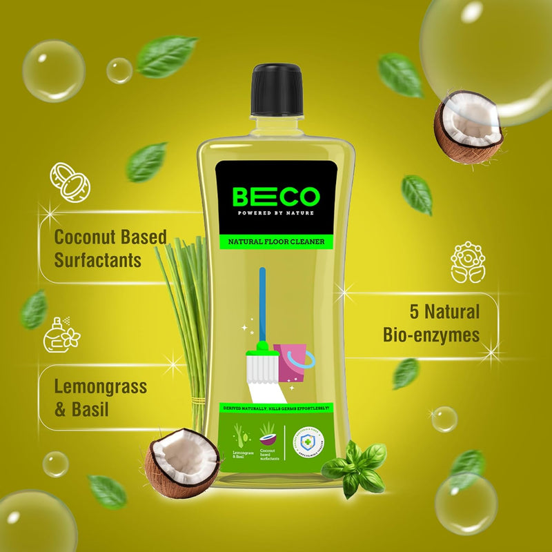 Beco Natural Disinfectant Surface & Floor Cleaning Liquid | 1L Bottle | Non Toxic Germ Kill Formula | Lemongrass & Basil Freshness | Safer Than Phenyl | Kids Safe & Pet Friendly Floor Cleaner Liquid