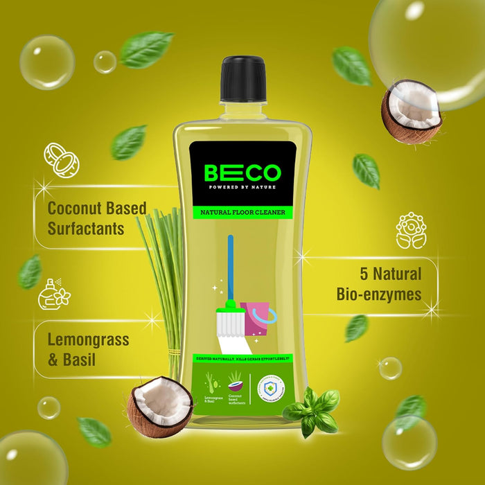 Beco Natural Disinfectant Surface & Floor Cleaning Liquid | 1L Bottle | Non Toxic Germ Kill Formula | Lemongrass & Basil Freshness | Safer Than Phenyl | Kids Safe & Pet Friendly Floor Cleaner Liquid