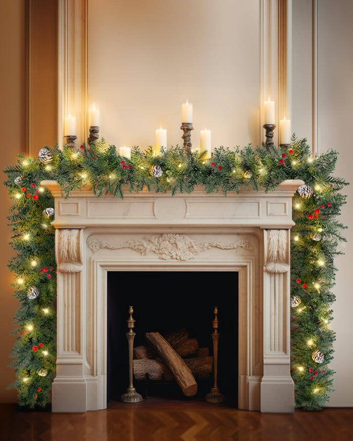Prelit Christmas Garland, 9FT Lighted Christmas Garland Indoor with Red Berries & Pine Cone for Stairs Wall Door Outdoor Holiday Decor with Battery Operated Timer, Artificial Xmas Garland