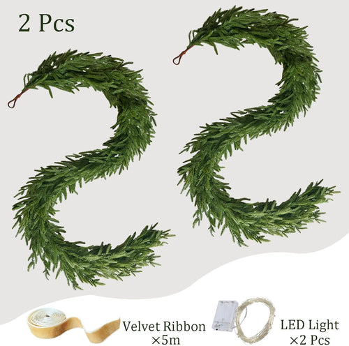 2 Pcs Christmas Garland with Lights 6 Ft, Real Touch Norfolk Pine Garland for Mantle, Christmas Decorations Indoor Outdoor for Wall Fireplace, Faux Greenery Cedar Garland Realistic for Table Decor
