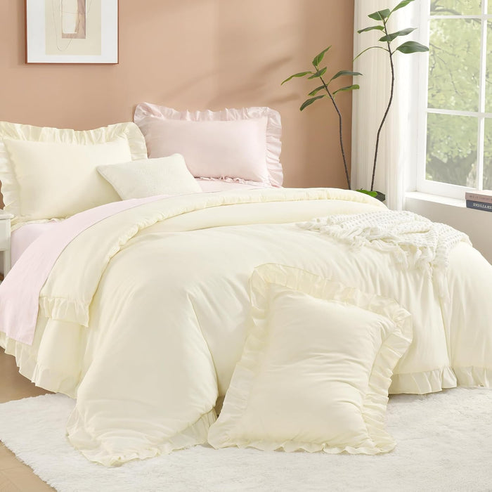 Litanika Comforter Full Size Set Beige, 3 Pieces Ruffle Lightweight Bedding Comforter Set, Fluffy Bed Set (79x90In Comforter, 2 Pillowcases)