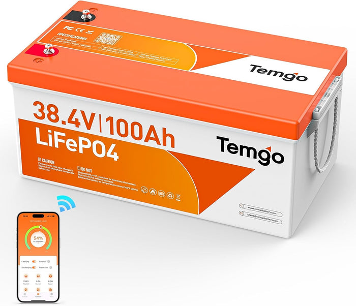 TEMGO 12V 300Ah Self-Heating LiFePO4 Lithium Battery with Smart Touch Screen & Bluetooth App, Built-in 200A BMS, 2560W Power, 5000+ Cycles, for RV, Camper, Solar, Off-Grid