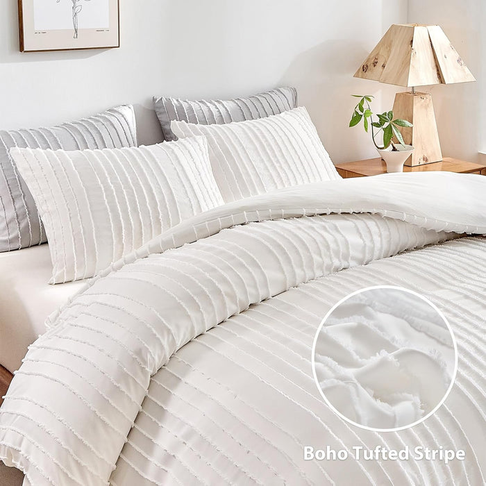 WARMDERN White Boho Duvet Cover Set Queen Size, Striped Textured Tufted Bedding Set, 3 Pcs Ultra Soft Washed Microfiber with Zipper Closure (Queen, White)