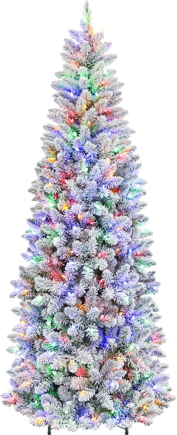 Hykolity 6ft Prelit Pencil Slim Christmas Tree with 200 Color Changing LED Lights, 544 Branch Tips, Metal Stand and Hinged Branches, 10 Color Modes