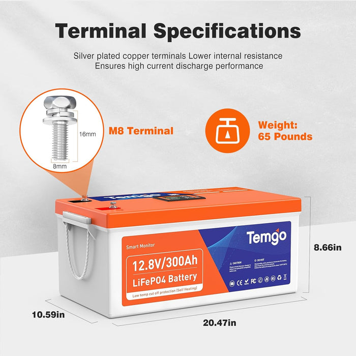 TEMGO 12V 300Ah Self-Heating LiFePO4 Lithium Battery with Smart Touch Screen & Bluetooth App, Built-in 200A BMS, 2560W Power, 5000+ Cycles, for RV, Camper, Solar, Off-Grid