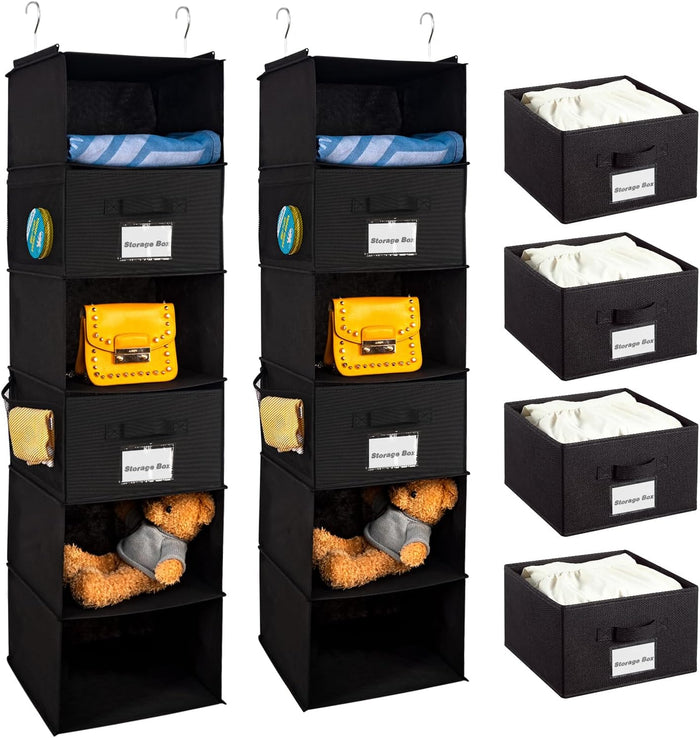 2 Pack Hanging Closet Organizer, 5 Shelves Hanging Storage with 6 Side Pockets for Clothes Shoes, 43"x12"x12"(Black)