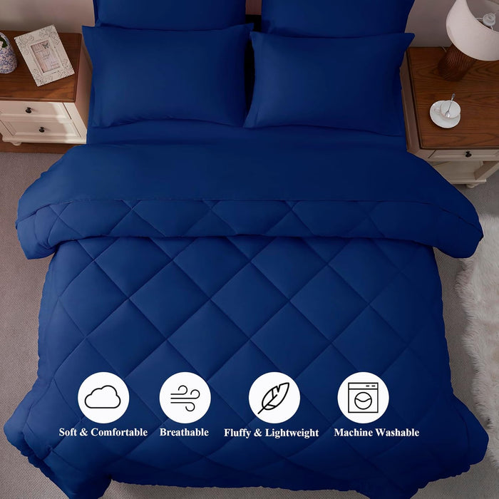 ELNIDO QUEEN® Queen Comforter Set Navy - 7 Pieces Bed in a Bag Queen Size, Bed Set All Seasons, Ultra Soft Dark Blue Bedding Sets with Comforter, Flat Sheet, Fitted Sheet, Pillowcases and Pillow Shams