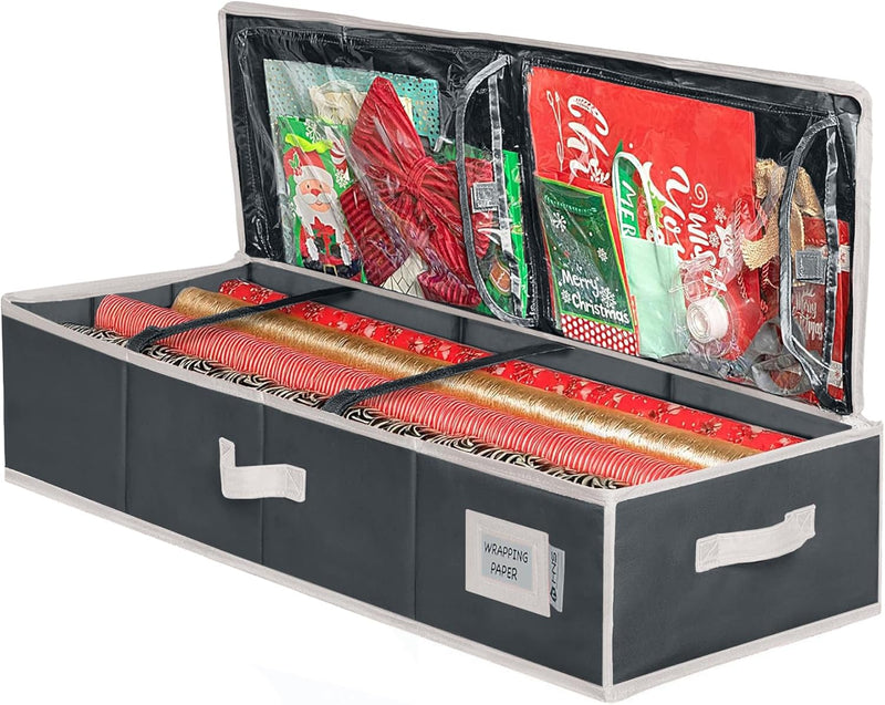 HOLDN’ STORAGE Premium Wrapping Paper Storage Container - Durable 600D Tear-Proof, Fits 27 Rolls Gift Wrap, Extra Pockets for Ribbons & Bows, Underbed Storage - Ideal for Holiday Christmas, Gray