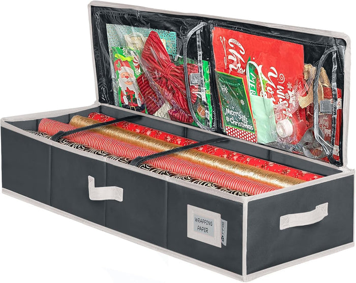 HOLDN’ STORAGE Premium Wrapping Paper Storage Container - Durable 600D Tear-Proof, Fits 27 Rolls Gift Wrap, Extra Pockets for Ribbons & Bows, Underbed Storage - Ideal for Holiday Christmas, Gray