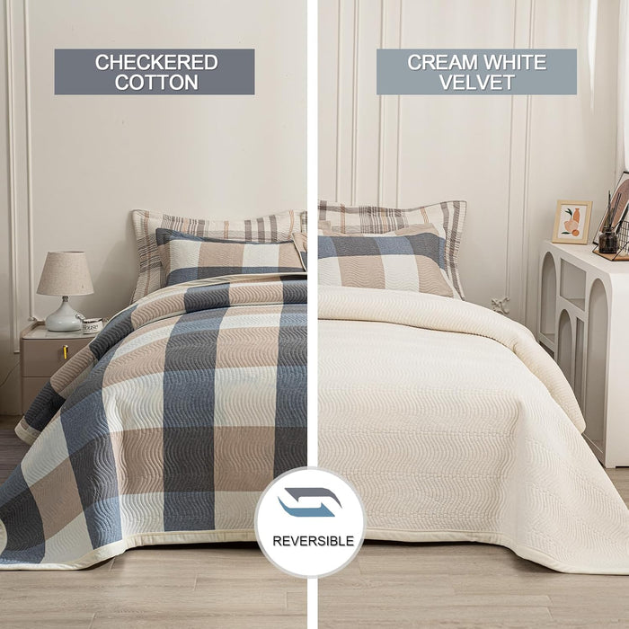 Cotton Plaid Quilt Set, Ultra Soft 3 Pieces Queen Size Bedding with 2 Pillow Shams, Lightweight Reversible Coverlet Bedspread with Wave Quilting for Summer, 90"x96", Grid-Beige Blue