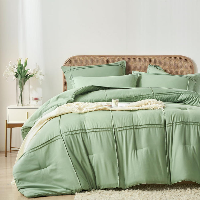 Yogeneg Queen Comforter Set 7 Piece Bed in a Bag,Grid Pinch Pleat Sage Green Bedding Set,Striped Textured Soft Microfiber Comforter with Sheet Set,All Season Complete Bed Set(Sage Green,Queen)