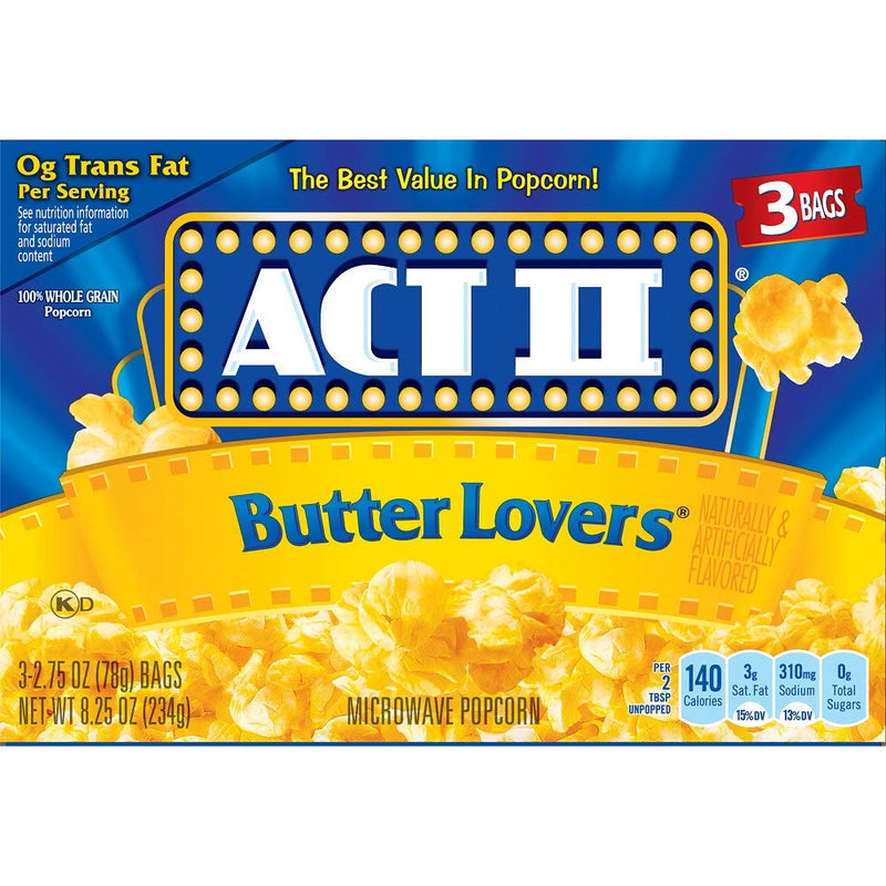 Act II Butter Lovers Microwave Popcorn, Movie Night Supplies, 2.75 oz., 3-Count Bags