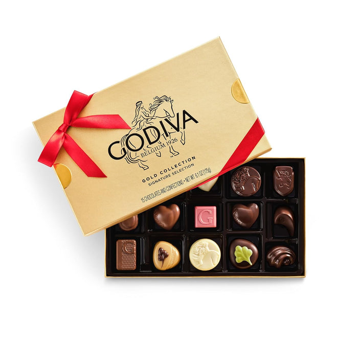 Godiva Red Bow Gold Milk Chocolate Gift Box, Belgian Milk Chocolates with Ganaches, Pralinés & Caramels, Gourmet Holiday Gift, Non-GMO & Kosher, 15 Pc