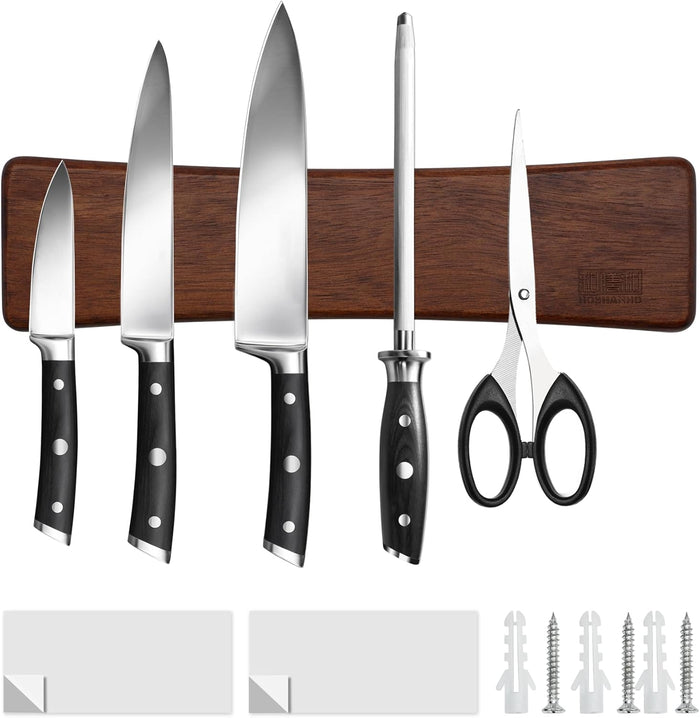 HOSHANHO Magnetic Knife Strips, Magnetic Knife Holder for Wall 16 Inch, Acacia Wood Knife Magnetic Strip Use as Knife Bar, Knife Holder for Kitchen Utensil Organizer