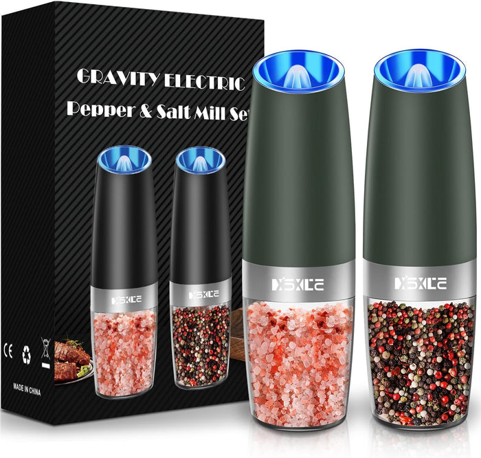 XinXu Gravity Electric Pepper and Salt Grinder Set, Adjustable Coarseness, Battery Powered with LED Light, One Hand Automatic Operation, Stainless Steel -Copper, 2 Pack