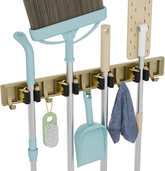 reliahom Broom Holder Wall Mount Mop and Broom Hanger Wall Mounted Garage Storage Rack Kitchen Garden Tool Organizer (4 Racks with 5 Hooks, Black)