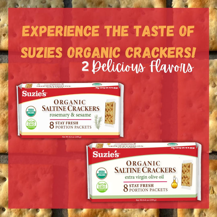 Suzie's Organic Rosemary Sesame Saltines Crackers|Healthy Gourmet Baked Vegan Snack for Adults & Children|Non GMO|12 Fresh Packs (96 individual Stay Fresh Packs) - 8.8oz Each