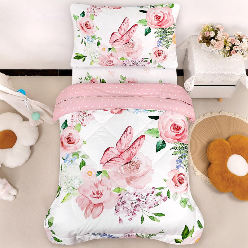 Toddler Bedding Set for Girls, 4 Piece Rainbow Toddler Girl Bedding Set, Super Soft & Lightweight Toddler Comforter Set Includes Comforter, Flat Sheet, Fitted Sheet, Pillowcase (Pink)