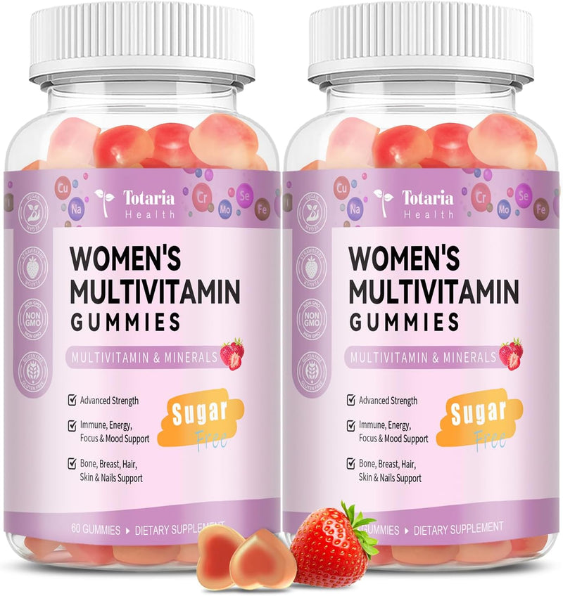Sugar Free Multivitamin Gummies for Women 14+ w/Iron, Inositol, Folate, Biotin, Womens Daily Multivitamin Gummy w/Vitamin A, C, B, D3, K2, for Hair, Skin, Energy, Immune, Strawberry Flavor