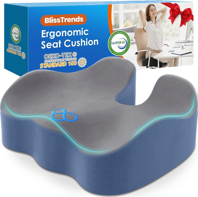 BlissTrends Seat Cushion,Thick Memory Foam Cushions for Office Chair, Car Seat, Airplane, Relieving Pressure Tailbone Sciatica Back Pain for Long Sitting Office Workers, Car Drivers 4.7in Thick Black