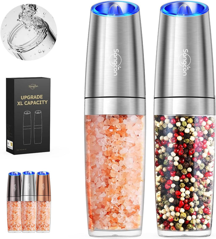 Sangcon Gravity Electric Salt and Pepper Grinder Set Automatic Shakers Mill Grinder with LED Light, BATTERY POWERED Adjustable Coarseness One Hand Operation, Upgraded Larger Capacity