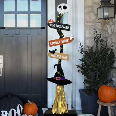 DAZONGE Halloween Decorations -Lighted Halloween Wooden Witch’s Broom for Indoor Outdoor Porch Yard Decor - Spooky Light up Witch Decorations Sign