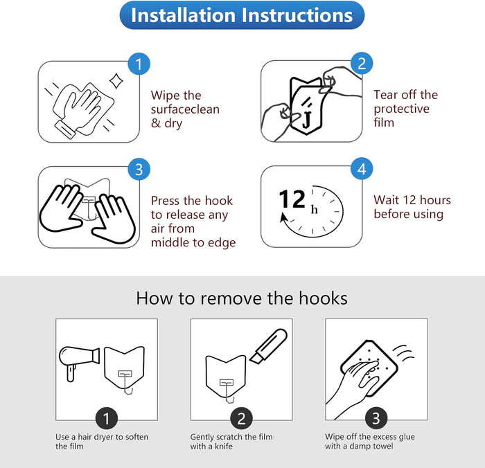 Heavy Duty Adhesive Hooks 12 Pack - Holds 15 lbs, No Residue Wall Hooks for Bathroom, Kitchen, Dorm - Strong Sticky Hooks for Tile, Glass, Wood