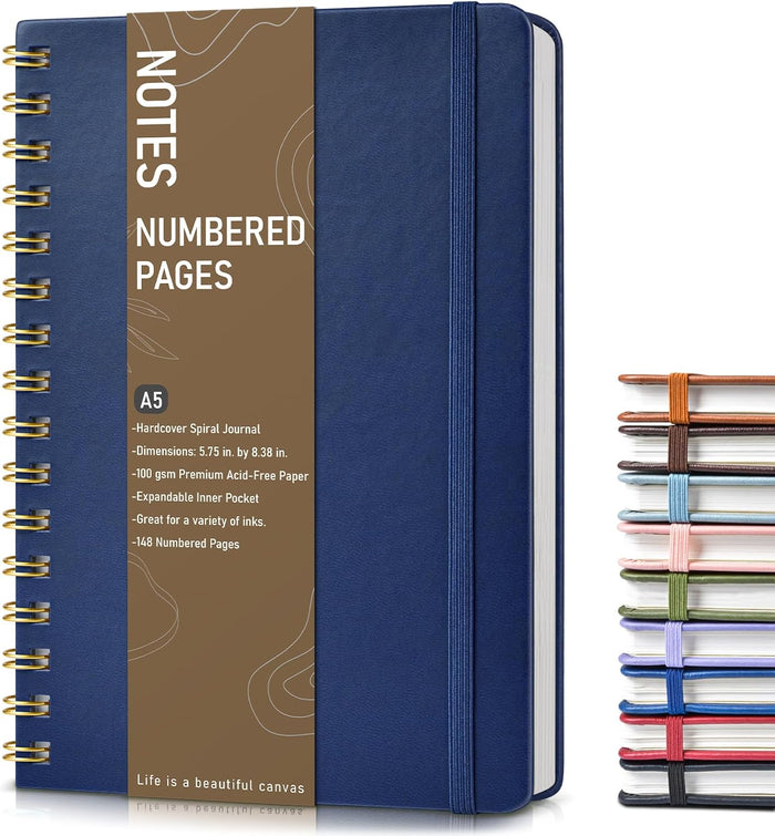 Lined Spiral Journal Notebook, A5 Hardcover Spiral Journals for Women Men, 150 Numbered Pages Spiral Bound Notebook, 100 GSM College Ruled Notebooks for Work, Note Taking 5.75" x 8.38", Olive Green