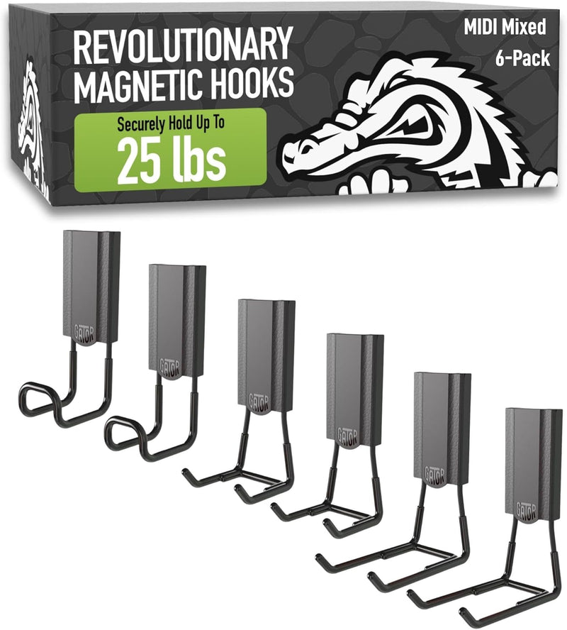 GATOR MAGNETICS MIDI 2.5 & 4" Open Hooks, 25 lb Heavy Duty Magnetic Hooks for Steel Surfaces, Patented Easy-Release, Non-Slip Grip – Storage & Organization, Garage, Shed, Home, Cleaning Tools -4 Pack