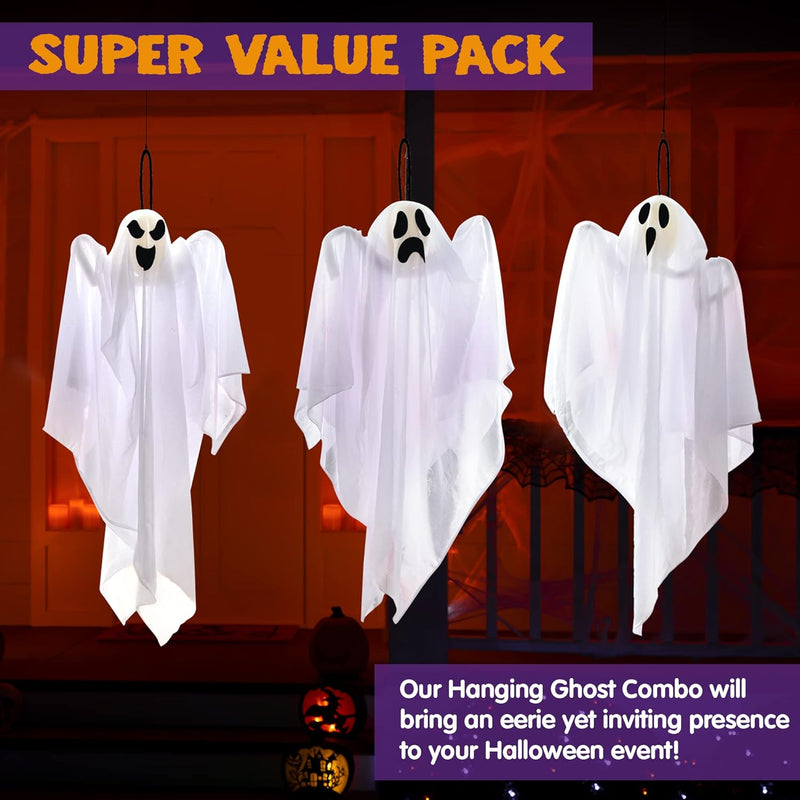 JOYIN 3 Pack Halloween Party Decoration 27.5" Hanging Ghosts, Cute Flying Ghost for Front Yard Patio Lawn Garden Party Décor and Holiday Decorations