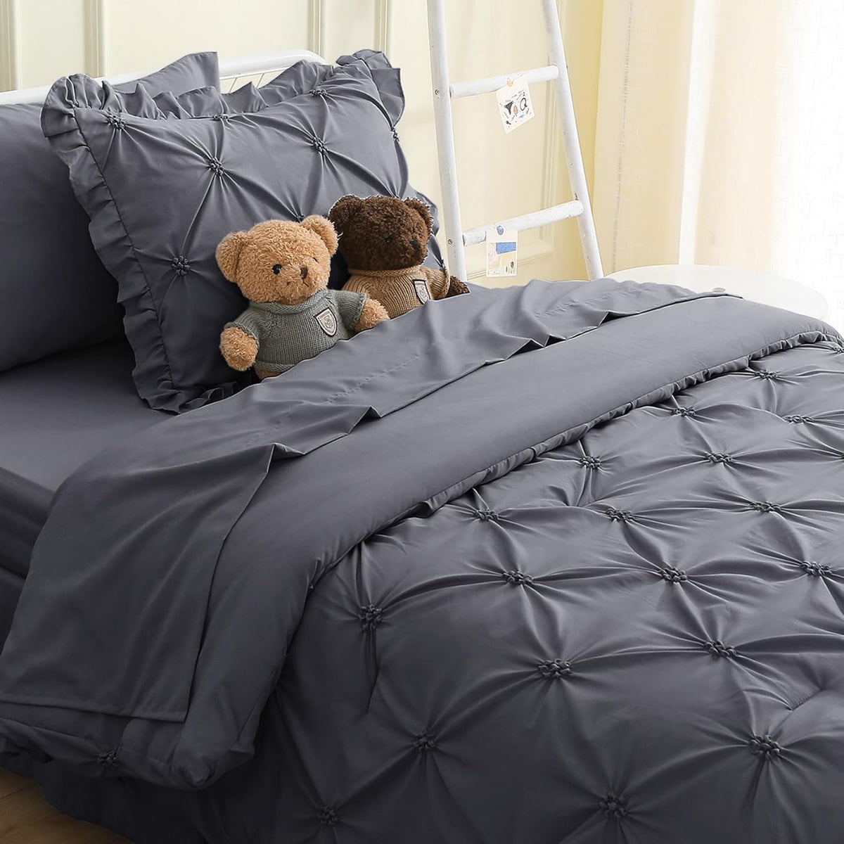 JOLLYVOGUE Grey Queen Comforter Set, 7 Pieces Pintuck Comforters Queen Size, Bed in a Bag Queen Comforter for Bedroom, Bedding Comforter Sets with Comforter, Sheets, Ruffled Shams & Pillowcases