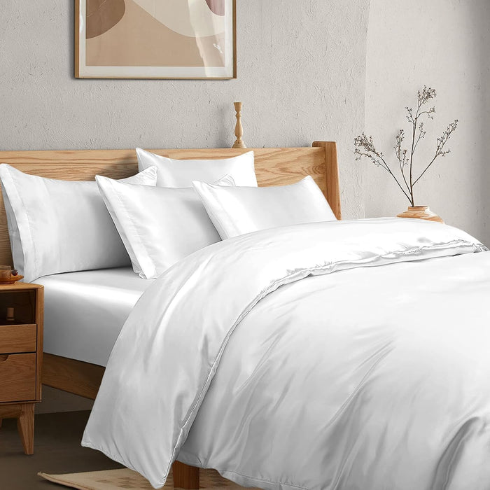 Manyshofu 6Pcs Rose Gold Duvet Cover Set Queen Size - Satin Fitted Sheet & Pillowcases, Silky Duvet Cover