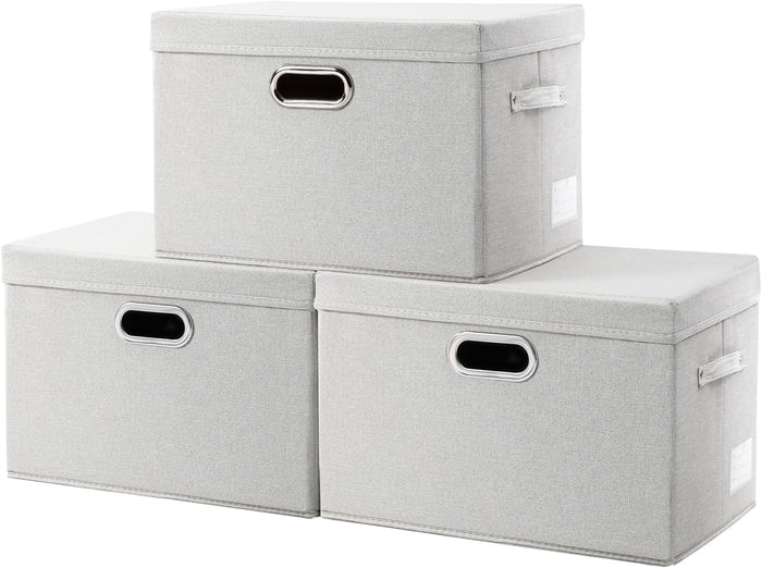 PRANDOM Large Collapsible Storage Bins with Lids [3-Pack] Linen/Cotton Blend Foldable Storage Boxes Organizer Containers Baskets Cube with Cover for Home Bedroom Closet Office Nursery(17.7x11.8x11.8)