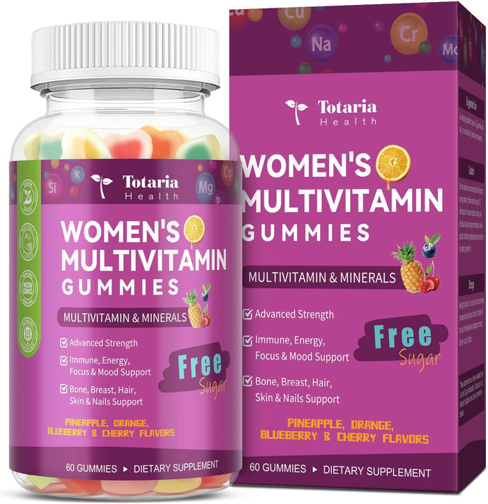 Sugar Free Multivitamin Gummies for Women 14+ w/Iron, Inositol, Folate, Biotin, Womens Daily Multivitamin Gummy w/Vitamin A, C, B, D3, K2, for Hair, Skin, Energy, Immune, Strawberry Flavor