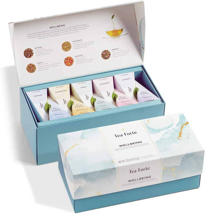 Tea Forte Tea Sampler Presentation Box, 20 Assorted Handcrafted Pyramid Tea Infuser Bags, Tea Tasting Assortment: Black, White, Green, Herbal