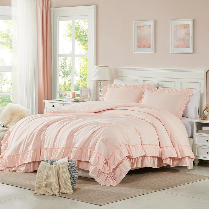 Cupocupa Blush Pink Comforter Set Queen, 3Pcs Comforters Queen Size Ruffle Farmhouse Bedding Sets Queen with Comforter, Lightweight Soft Shabby Chic Bedding Comforter Set Fluffy for All Season