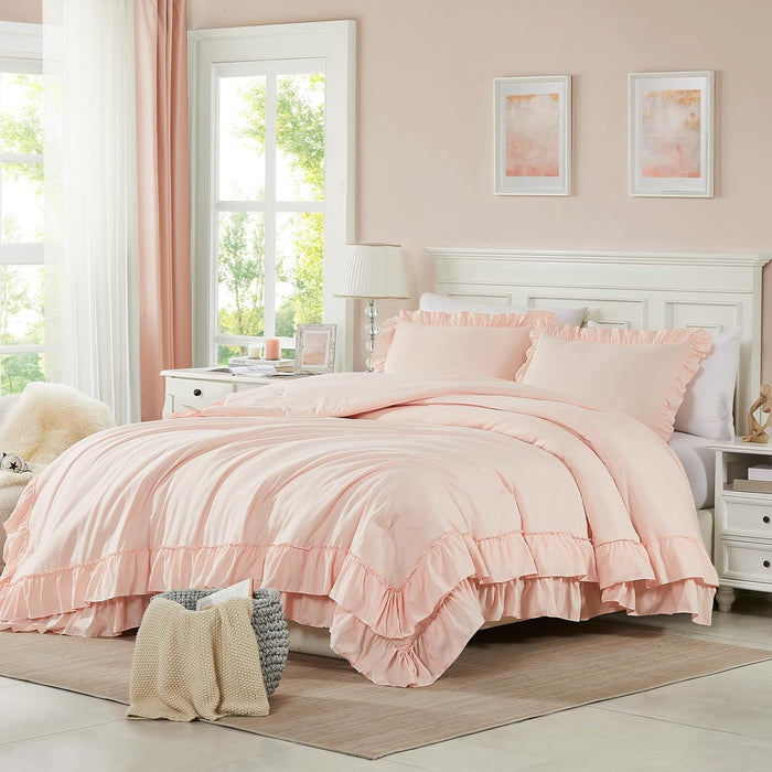 Cupocupa Beige Queen Comforter Set, 3Pcs Comforters Ruffle Farmhouse Bedding Sets Queen with Comforter, Lightweight Soft Shabby Chic Bedding Comforter Set Fluffy for All Season