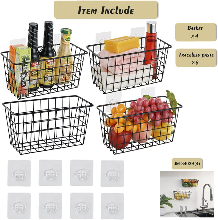 4 Pack Hanging Sorage Basket, Bathroom Basket, Household Goods, with Traceless Tape, no Drilling, for Cabinet Storage, Kitchen, Bathroom, Storage Room,Black