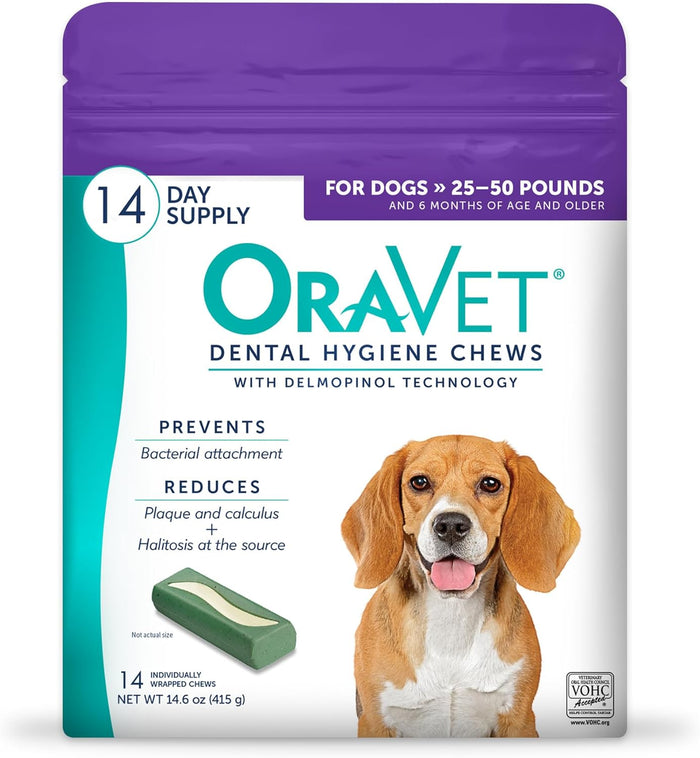 ORAVET Dental Chews for Dogs, Oral Care and Hygiene Chews (Medium Dogs, 25-50 lbs.) Purple Pouch, 30 Count