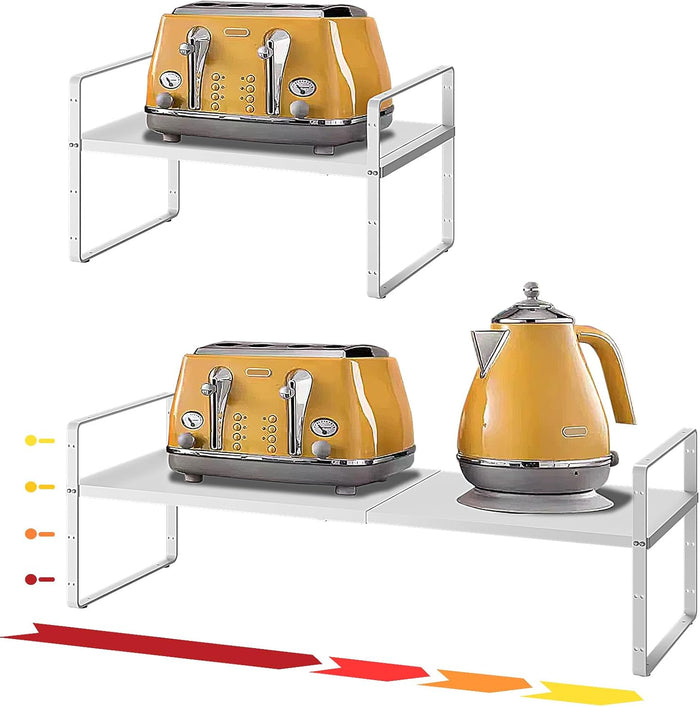 16.5~27.1" Expandable Shelf Organizer, 2Pack 8.1" Wide Stackable Cabinet Shelf Organizers, White Metal Sturdy Kitchen Counter Storage for Countertop, Adjustable Height Spice Rack
