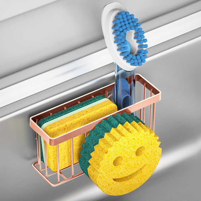 Sponge Holder Smiley Face,Sink Caddy,Sink Organizer with 2 Suction Cups/1 Adhesive Strips,Designed for Sponge,Soap,Dish Brush,Scrubber - Black