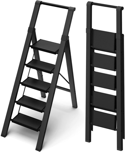 6 Step Ladder, Lightweight Folding Step Stool with Convenient Handgrip,Aluminum 330lbs Capacity Step Ladder for Office,Household,Kitchen(Black)