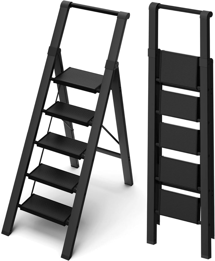 6 Step Ladder, Lightweight Folding Step Stool with Convenient Handgrip,Aluminum 330lbs Capacity Step Ladder for Office,Household,Kitchen(Black)