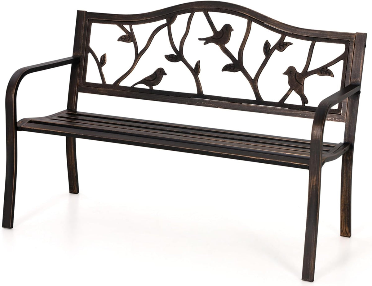 MFSTUDIO 50 Inches Outdoor Garden Bench, Cast Iron Metal Frame Patio Park Bench with Floral Pattern Backrest, Arch Legs for Porch, Lawn, Yard-Bronze