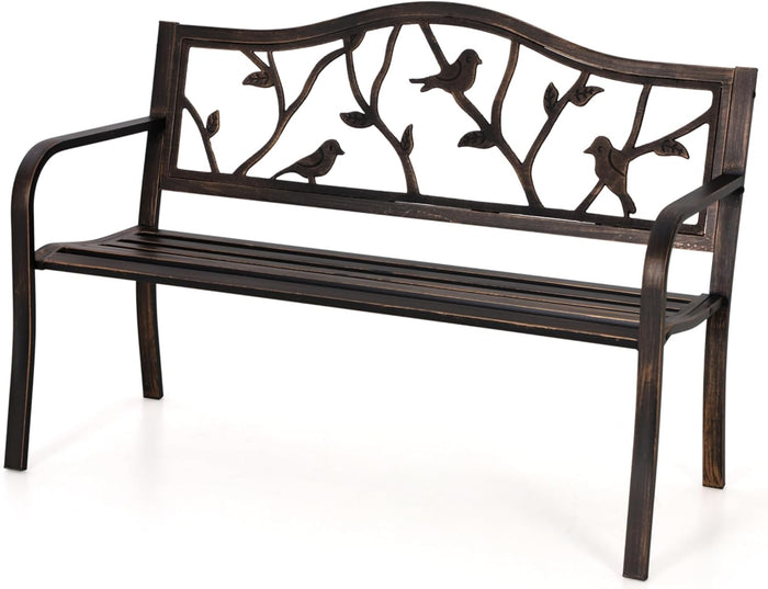MFSTUDIO 50 Inches Outdoor Garden Bench, Cast Iron Metal Frame Patio Park Bench with Floral Pattern Backrest, Arch Legs for Porch, Lawn, Yard-Bronze