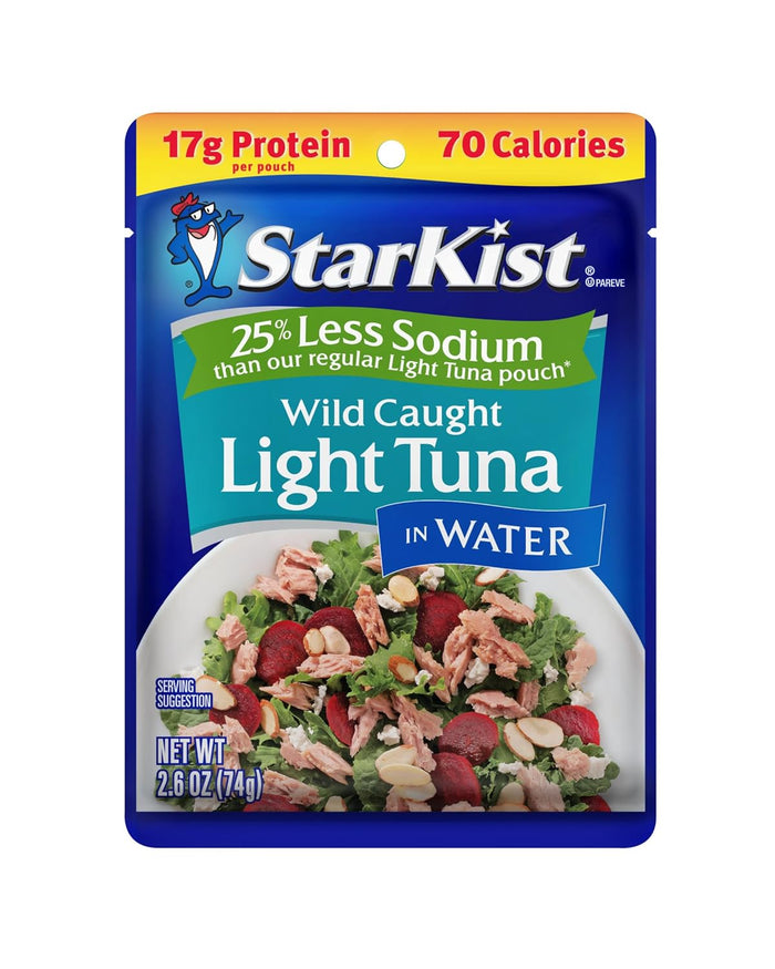 StarKist Reduced Sodium Chunk Light Tuna in Water, 2.6 oz Pouch (24 Pack) Ready to Eat Wild Caught Tuna, 17g Protein, Gluten Free, Soy Free, Kosher, Perfect for Salads, Keto Meals and Snacks