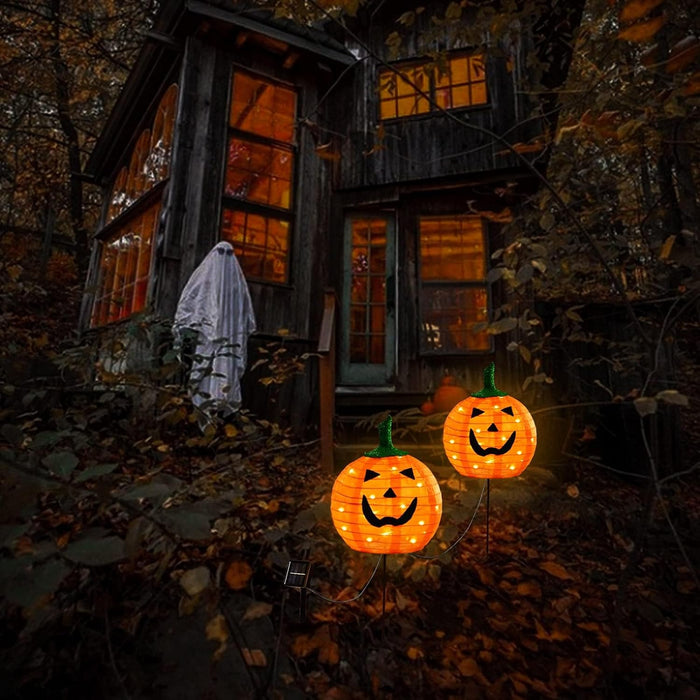 Solar Halloween Pumpkin LED Lights, Set of 2 Big Pumpkin Stake Lights 2 Modes for Outdoor Halloween Pathway Yard Garden Decoration (Warm White-Pumpkin, 2 Pack)