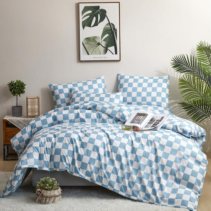 CLOTHKNOW Blue White Grid Twin/Twin XL Comforter Set Plaid Bedding Comforter Sets Blue Comforter Soft Lake Blue Comforter Sets Twin